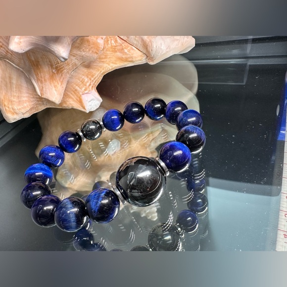 DARK BLUE TIGERS EYE + HEMATITE NATURAL STONES BRACELET size 7” - Picture 5 of 11